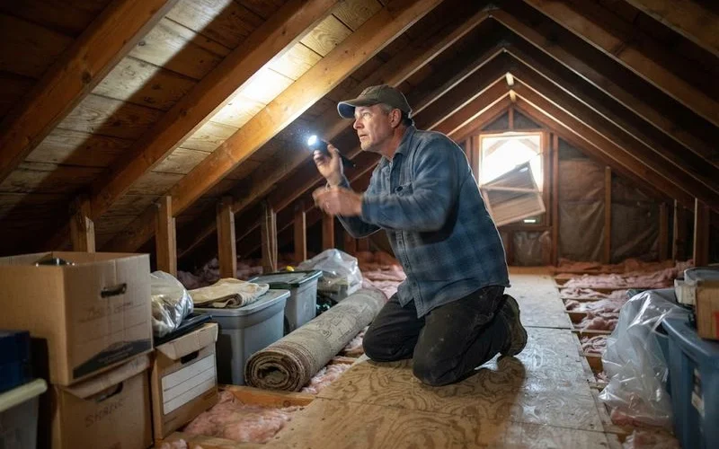 A homeowner checking their attic for signs of roof leaks and ventilation issues as part of a maintenance routine