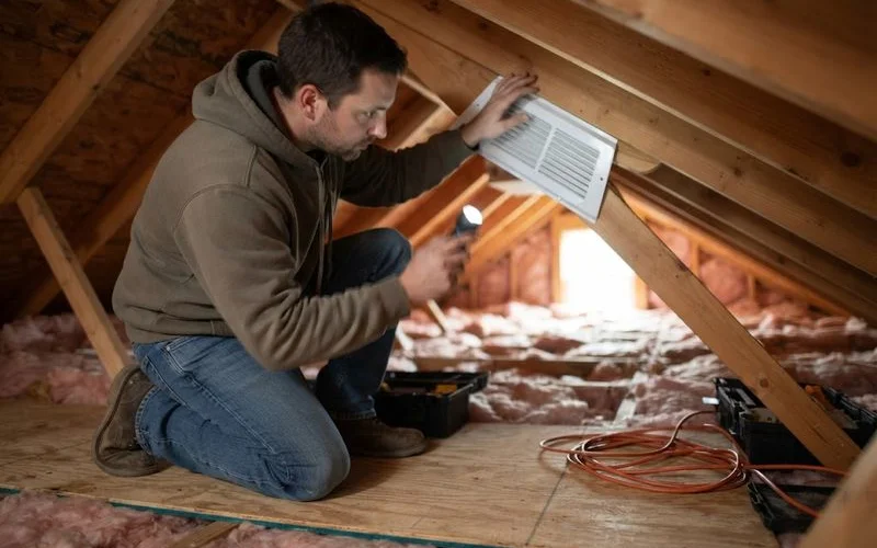 An attic space showing insulation and a ridge vent system in a residential Ontario home