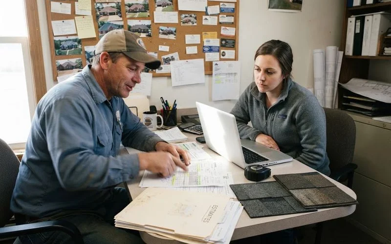 A homeowner comparing two roofing contractor listings side by side on a laptop, with a ranked scorecard visible on screen