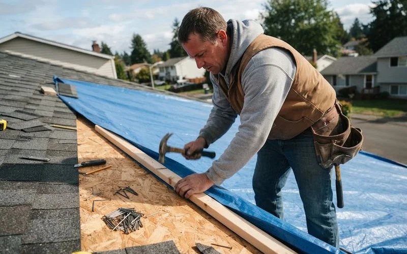 A tarp being secured over a damaged section of a residential roof in Ontario after storm damage