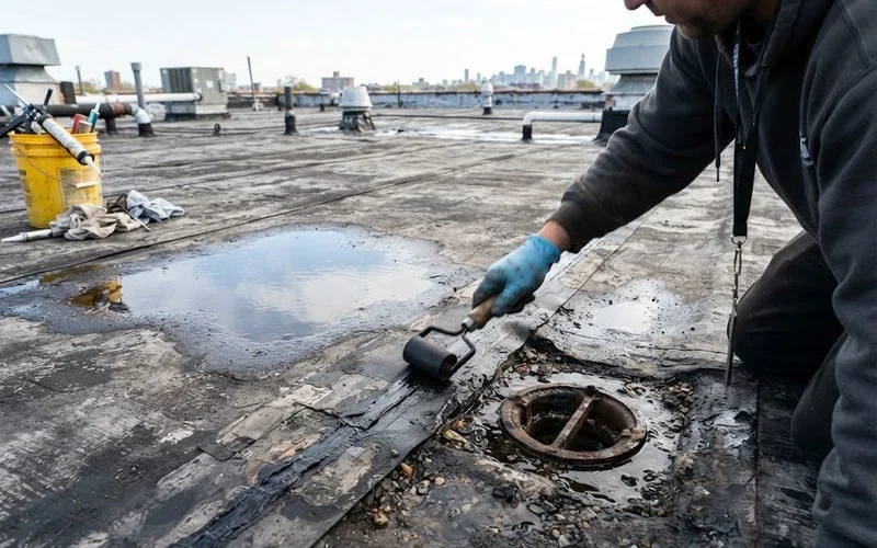 A flat commercial roof membrane with visible standing water and wear near a drain, viewed from above