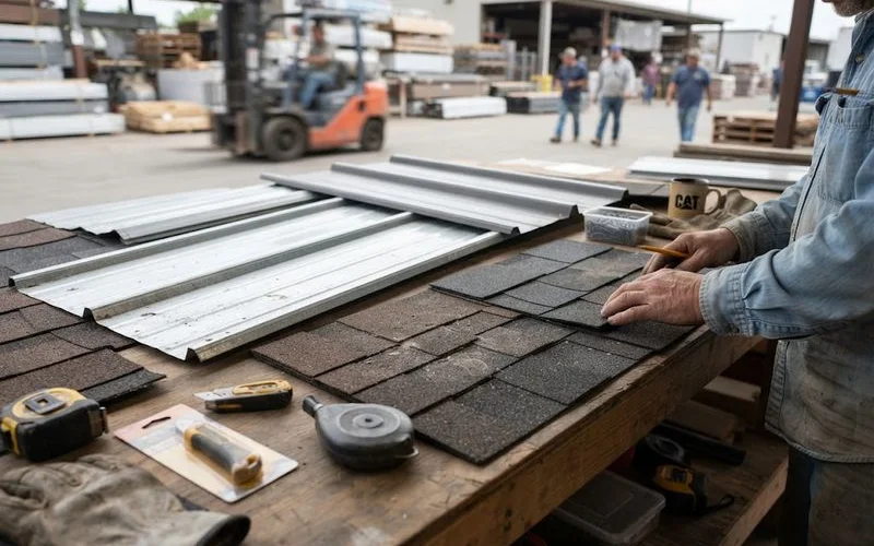 A side-by-side comparison of a standing seam metal roof section and an asphalt shingle roof section on Ontario homes