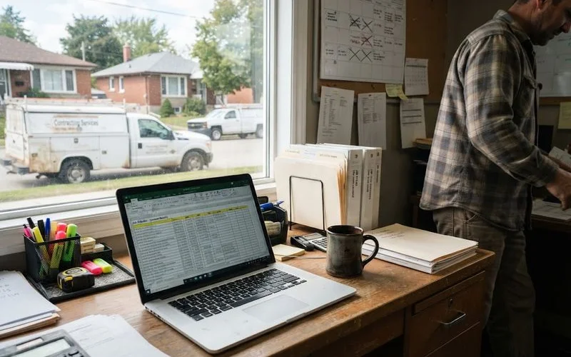 A research analyst reviewing a spreadsheet of contractor ratings and public business records at a desk with two monitors