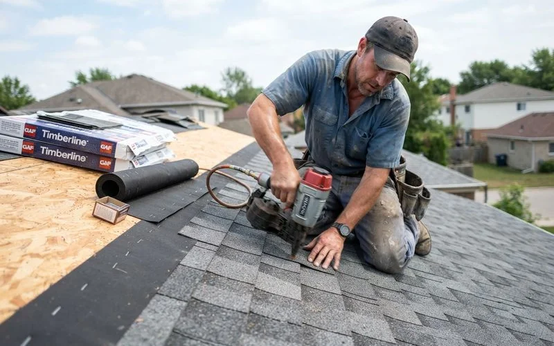 A roofing crew installing new shingles on a residential roof in Ontario under clear daytime conditions