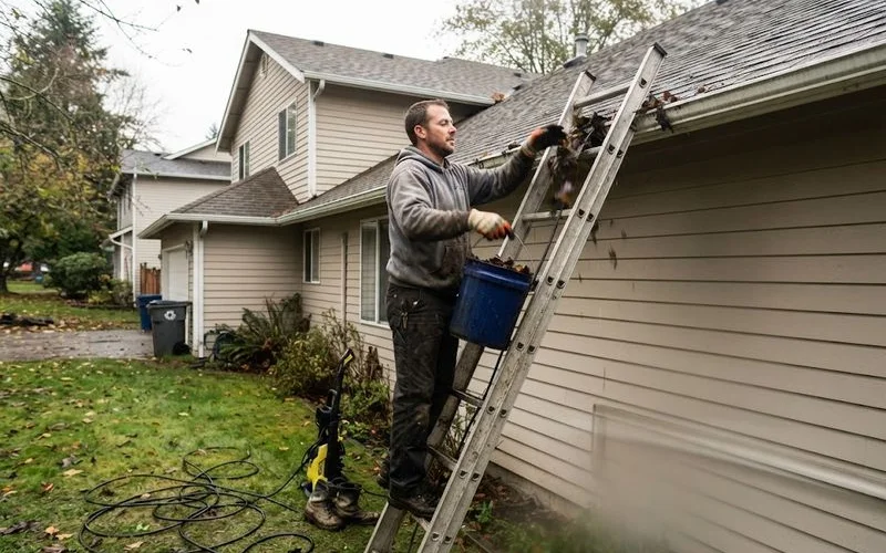 A professional crew member clearing debris from a residential gutter system in Ontario using proper ladder safety equipment