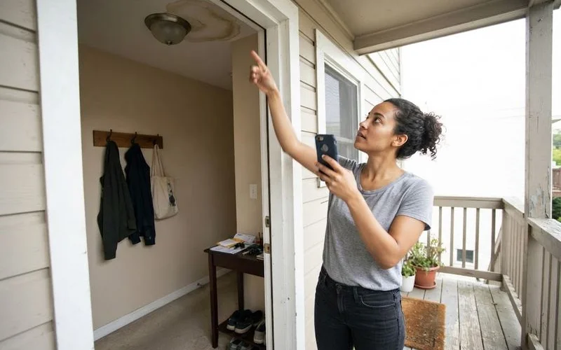 A property manager and tenant reviewing a written maintenance request about a roof leak in an Ontario rental property