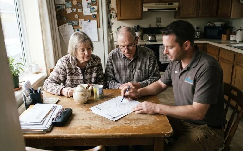 An adult child helping a senior parent review a written roofing quote at home in Ontario