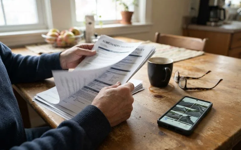A homeowner reviewing a home insurance policy document alongside photos of roof storm damage in Ontario
