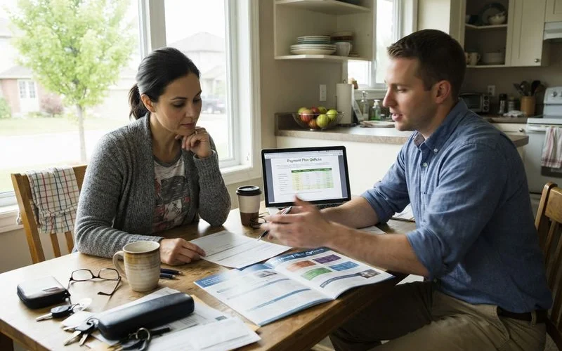 A homeowner reviewing financing and assistance options for a roof repair on a laptop at home in Ontario