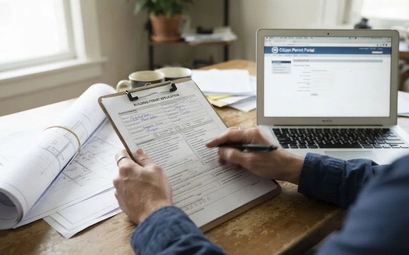 A homeowner reviewing a building permit document alongside a roofing contractor before starting a project in Ontario