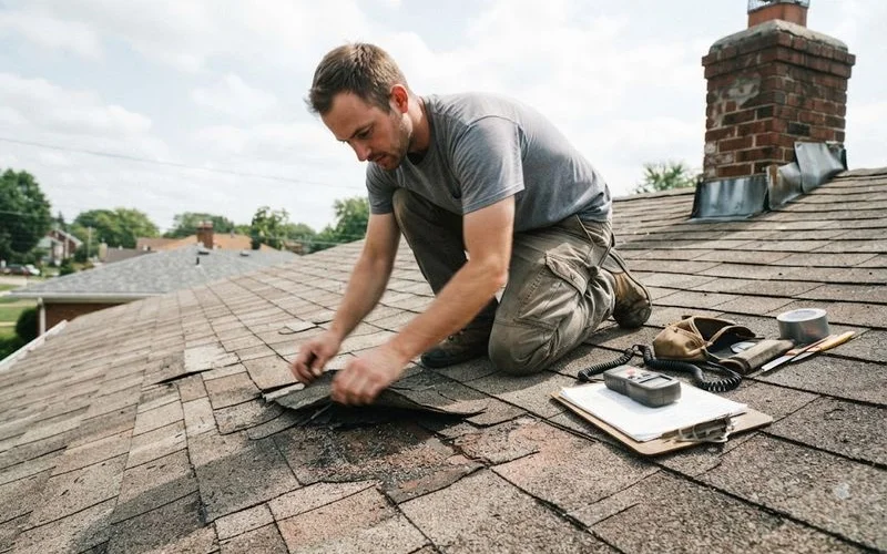 A roofing contractor inspecting shingle condition and flashing on a residential roof in Ontario during a daytime assessment