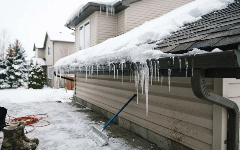 Snow and ice buildup along a residential roofline and gutter system in Ontario during winter